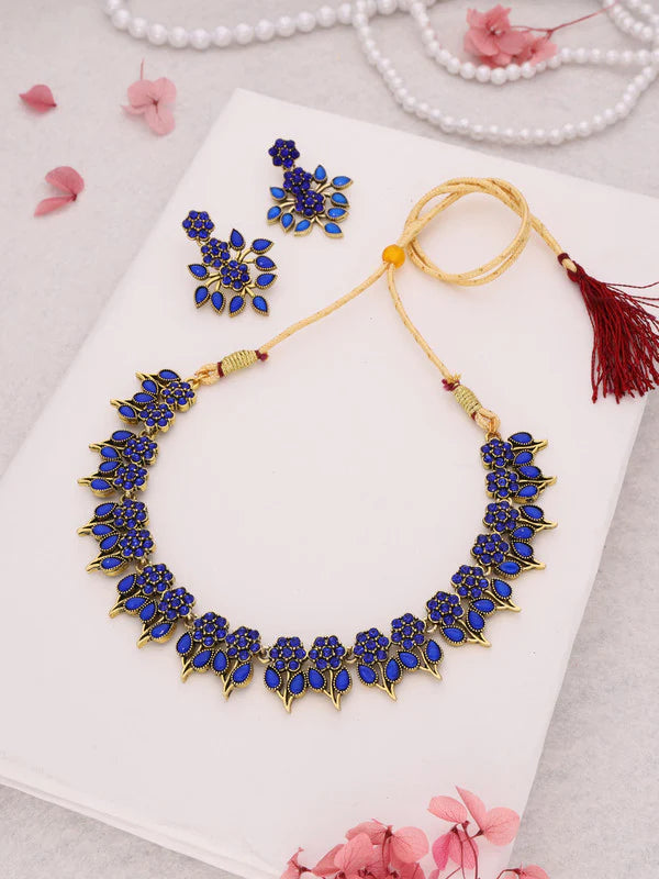 Tehzeeb Creation Blue colour Gold pleated stone studded Nacklace with earrings  THZ202
