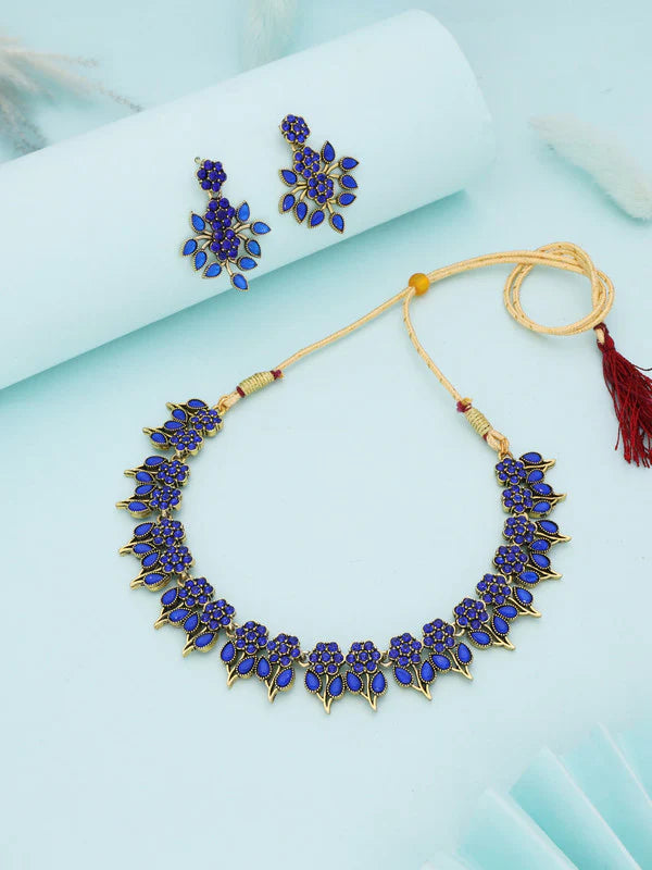 Tehzeeb Creation Blue colour Gold pleated stone studded Nacklace with earrings  THZ202