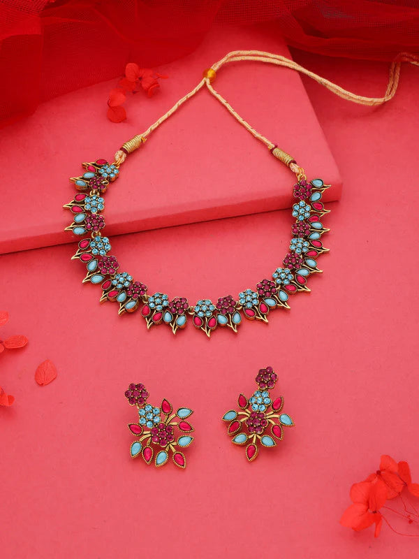 Tehzeeb Creation Pink & Sky Blue colour Gold pleated stone studded Nacklace with earrings  THZ207