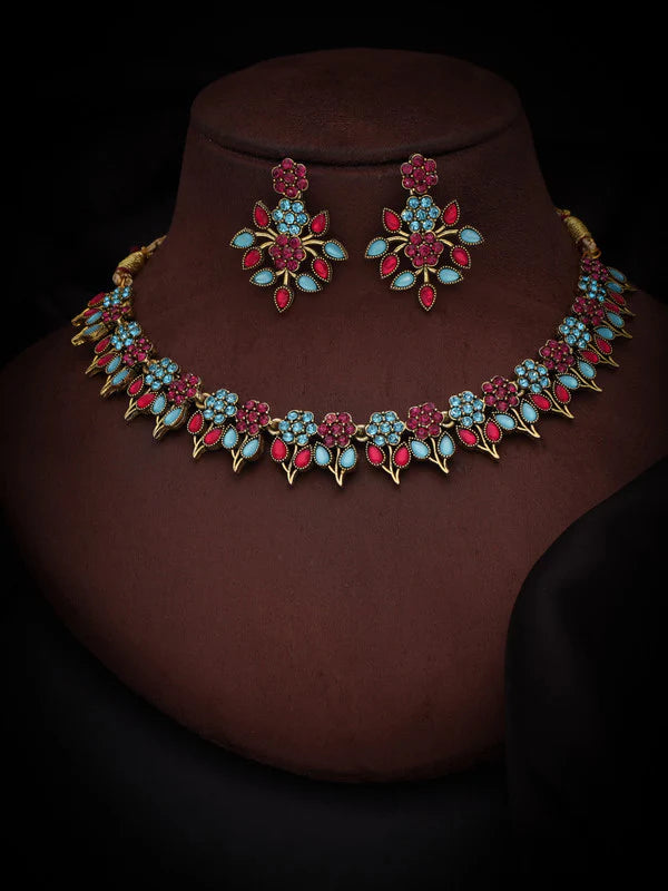 Tehzeeb Creation Pink & Sky Blue colour Gold pleated stone studded Nacklace with earrings  THZ207