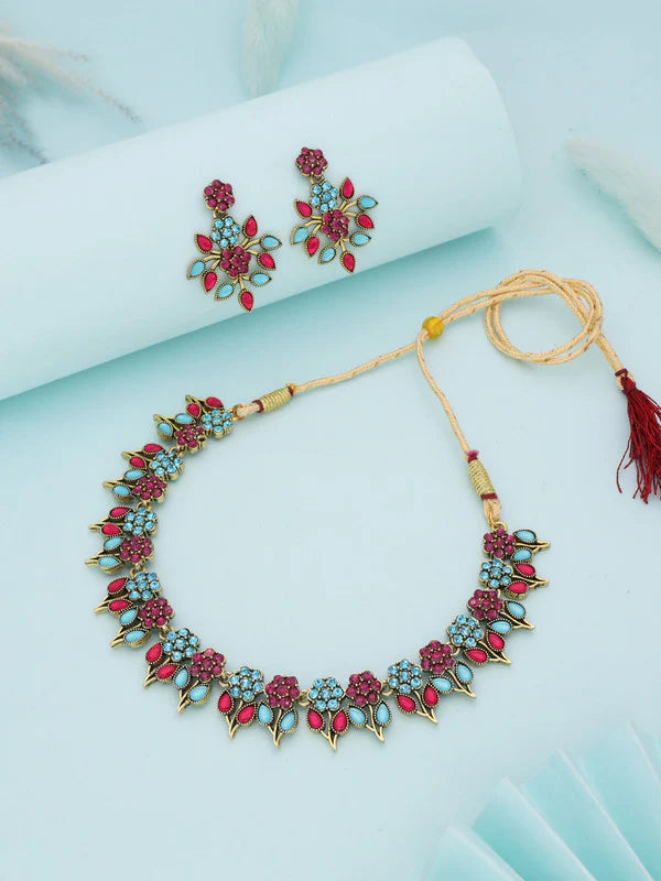 Tehzeeb Creation Pink & Sky Blue colour Gold pleated stone studded Nacklace with earrings  THZ207