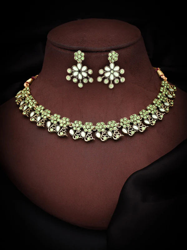 Tehzeeb Creation rose gold pleated sea green & baby pink choker nacklace with dangle earrings THZ274