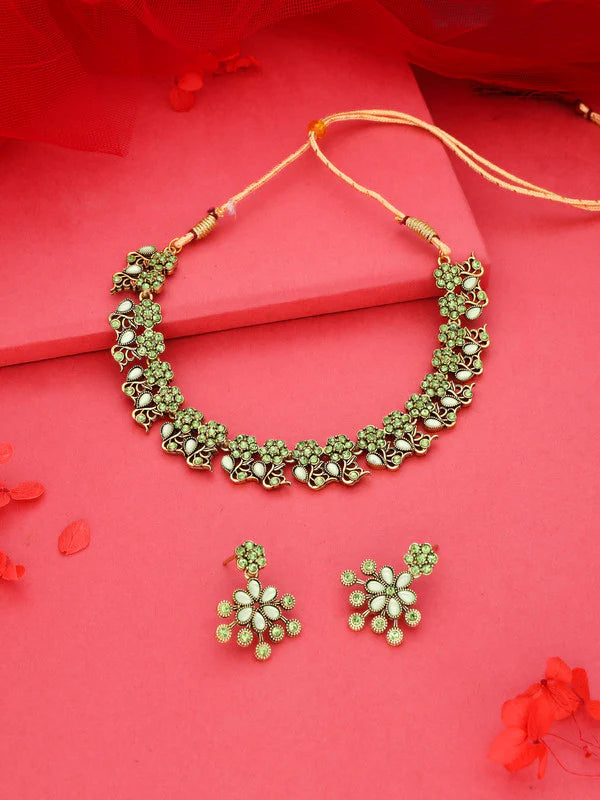 Tehzeeb Creation rose gold pleated sea green & baby pink choker nacklace with dangle earrings THZ274