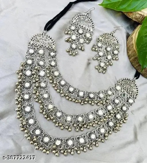 WOMENS SILVER COLOUR OXIDISED NACKLACE SET WITH MIRROR DESIGN  THZ022