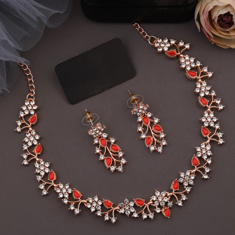 Tehzeeb Creation Rose gold pleated white diamond with red beads nacklace set THZ237