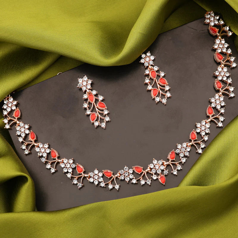 Tehzeeb Creation Rose gold pleated white diamond with red beads nacklace set THZ237