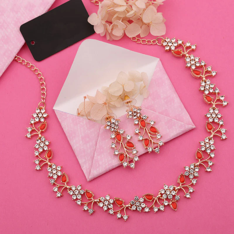 Tehzeeb Creation Rose gold pleated white diamond with red beads nacklace set THZ237