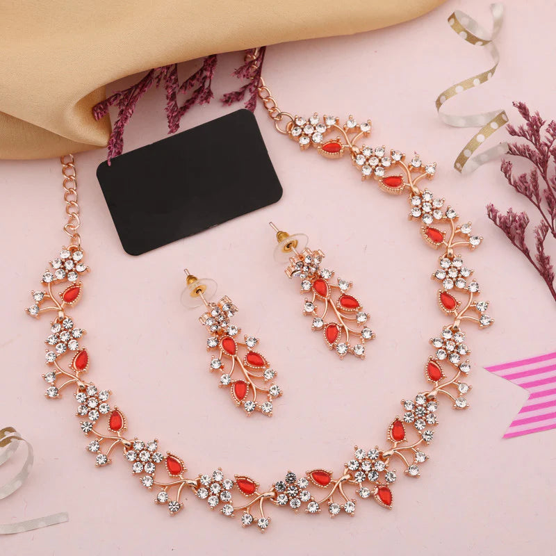 Tehzeeb Creation Rose gold pleated white diamond with red beads nacklace set THZ237