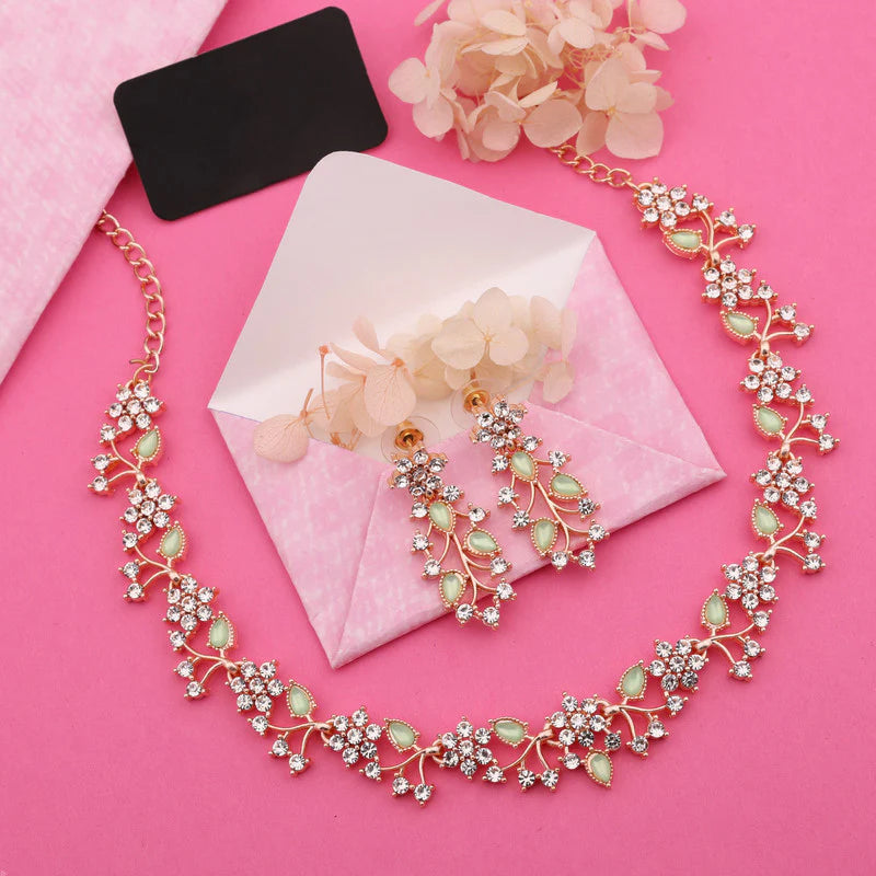Tehzeeb Creation Rose gold pleated white diamond with Sea Green beads nacklace set THZ238
