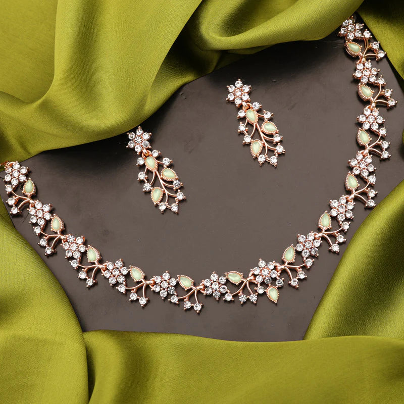 Tehzeeb Creation Rose gold pleated white diamond with Sea Green beads nacklace set THZ238