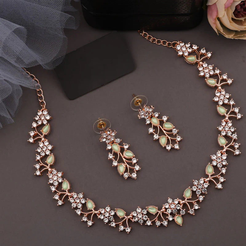 Tehzeeb Creation Rose gold pleated white diamond with Sea Green beads nacklace set THZ238