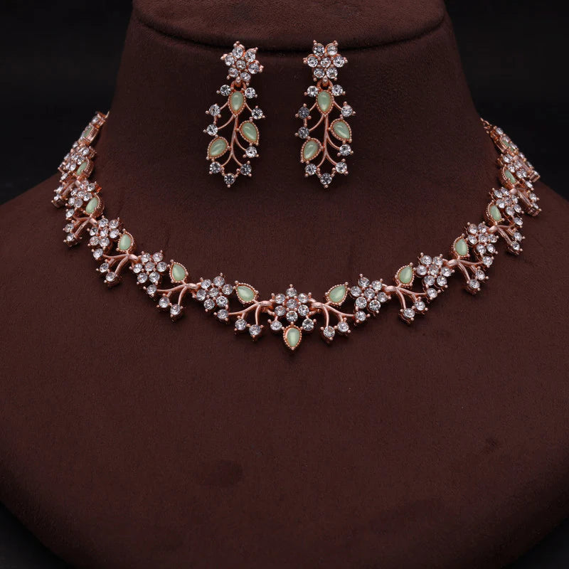 Tehzeeb Creation Rose gold pleated white diamond with Sea Green beads nacklace set THZ238