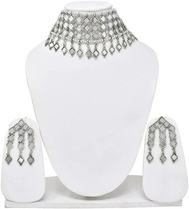 WOMENS SILVER COLOUR OXIDISED NACKLACE SET WITH MIRROR DESIGN  THZ042