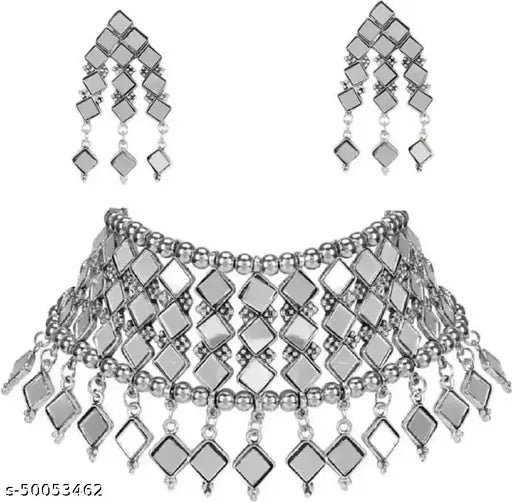 WOMENS SILVER COLOUR OXIDISED NACKLACE SET WITH MIRROR DESIGN  THZ042