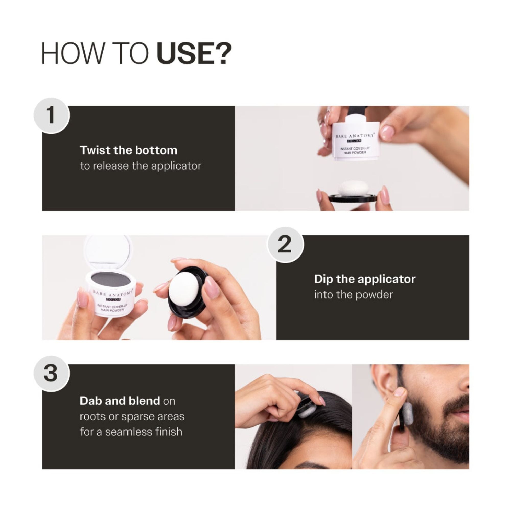 Bare Anatomy Cover-Up Hair Powder 100% Instant Grey Coverage Seamless Natural Finish - Black
