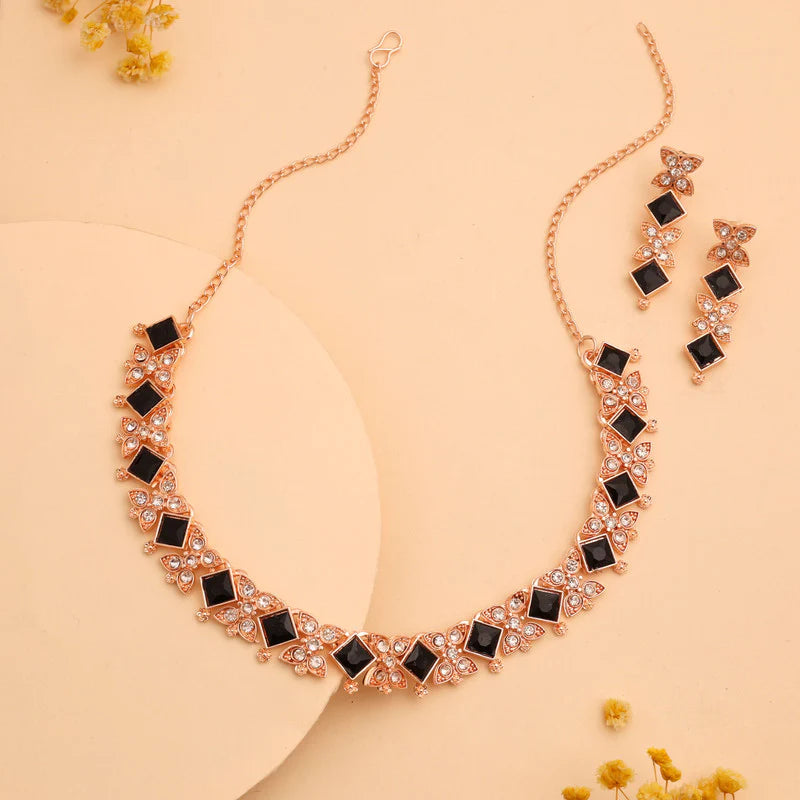 Tehzeeb Creation rose gold pleated  black choker nacklace with dangle earrings THZ268