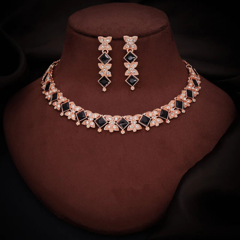 Tehzeeb Creation rose gold pleated  black choker nacklace with dangle earrings THZ268