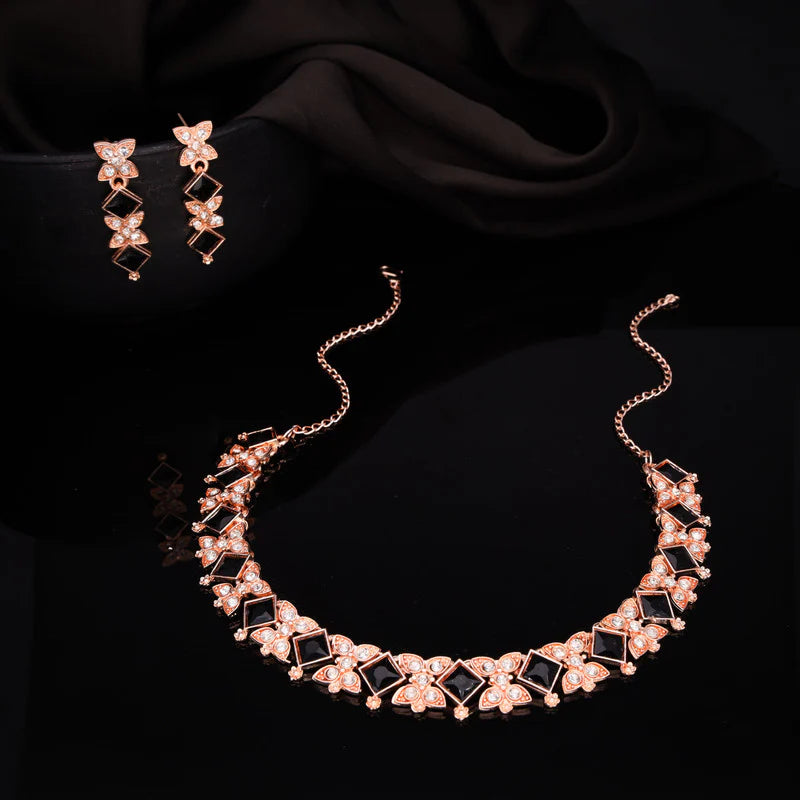 Tehzeeb Creation rose gold pleated  black choker nacklace with dangle earrings THZ268