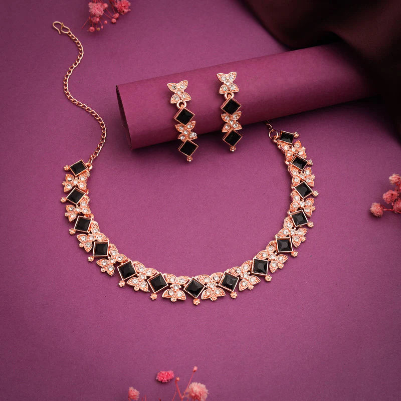 Tehzeeb Creation rose gold pleated  black choker nacklace with dangle earrings THZ268