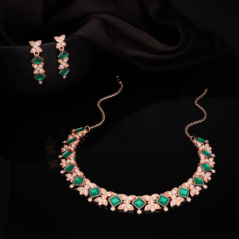 Tehzeeb Creation rose gold pleated green choker nacklace with dangle earrings THZ269