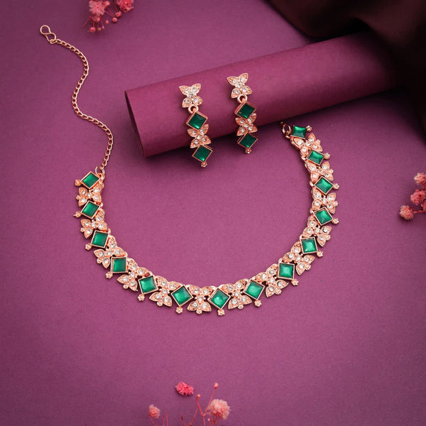 Tehzeeb Creation rose gold pleated green choker nacklace with dangle earrings THZ269