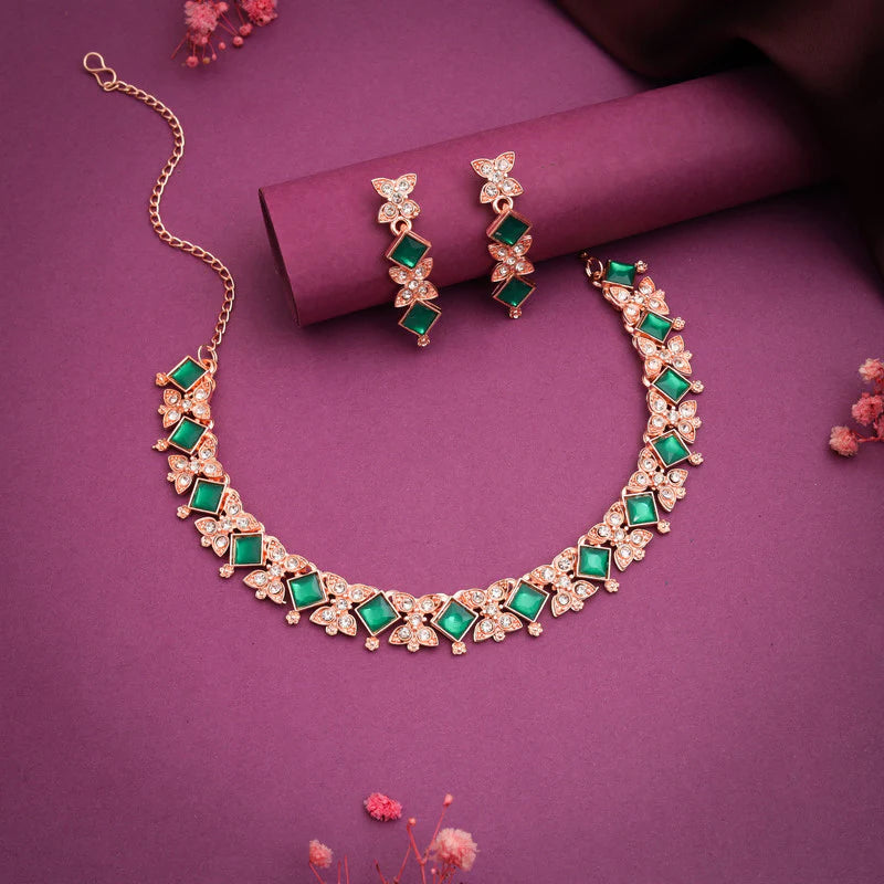Tehzeeb Creation rose gold pleated green choker nacklace with dangle earrings THZ269