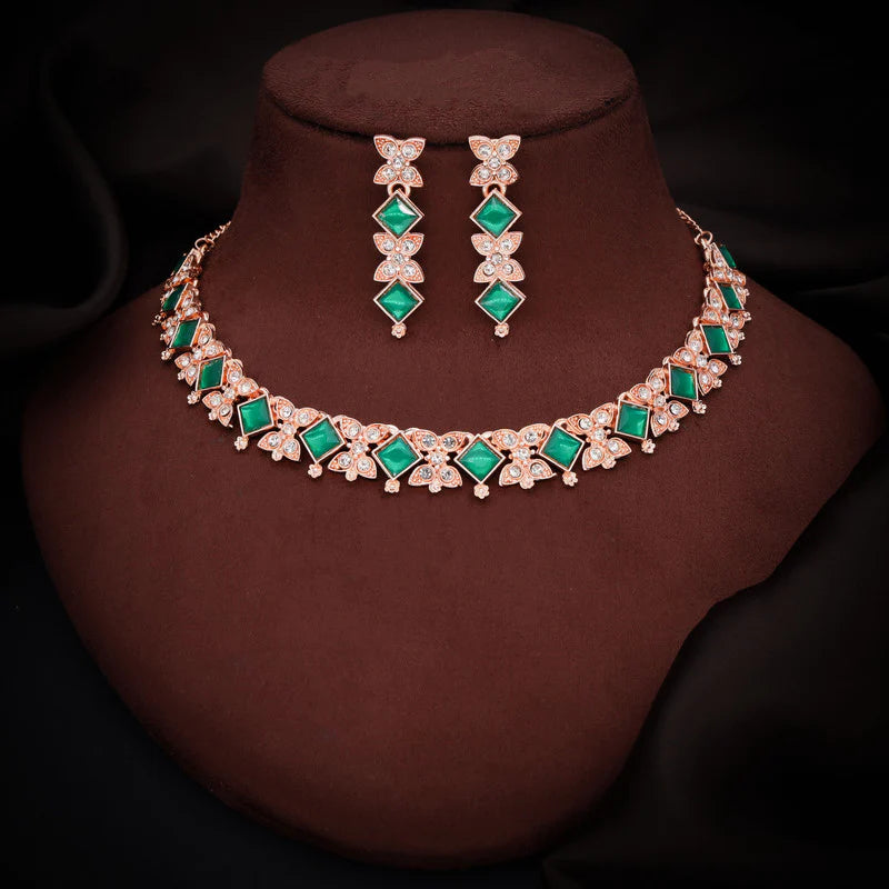 Tehzeeb Creation rose gold pleated green choker nacklace with dangle earrings THZ269