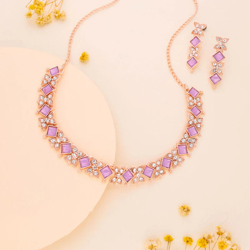 Tehzeeb Creation rose gold pleated lavender choker nacklace with dangle earrings THZ270