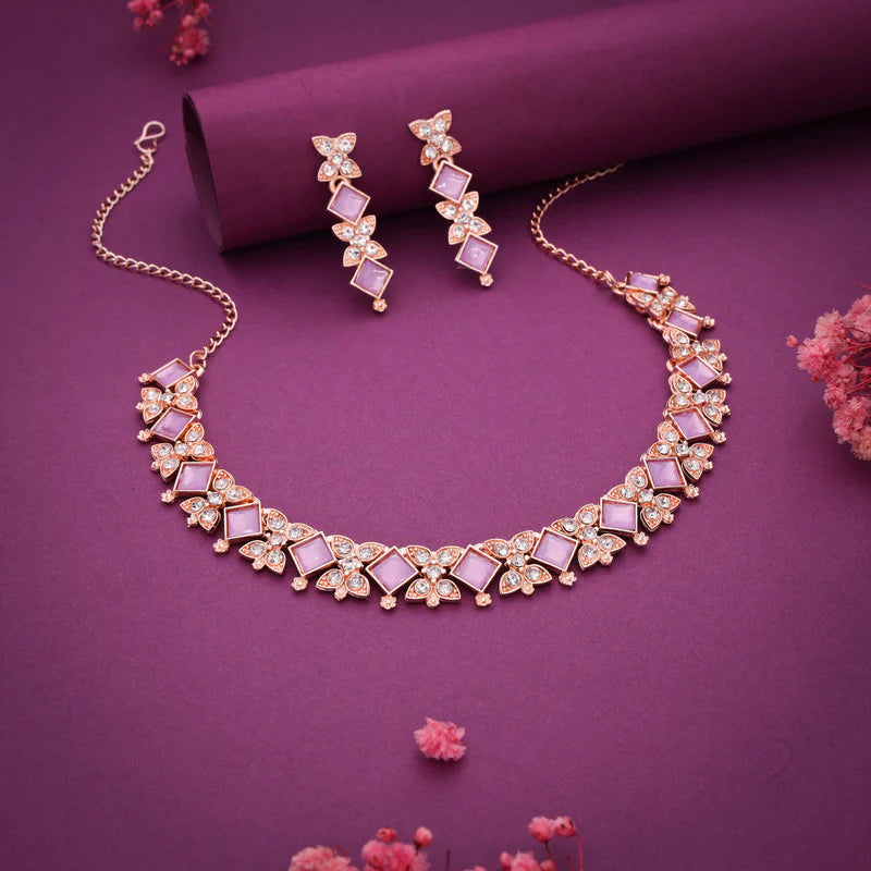 Tehzeeb Creation rose gold pleated lavender choker nacklace with dangle earrings THZ270