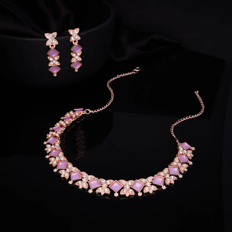 Tehzeeb Creation rose gold pleated lavender choker nacklace with dangle earrings THZ270