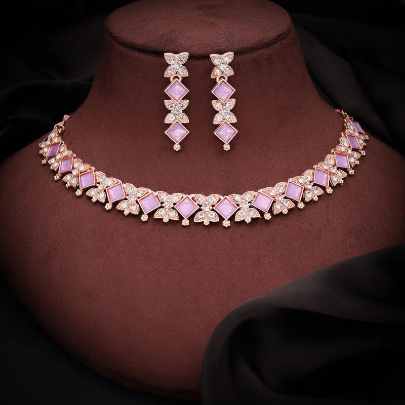 Tehzeeb Creation rose gold pleated lavender choker nacklace with dangle earrings THZ270