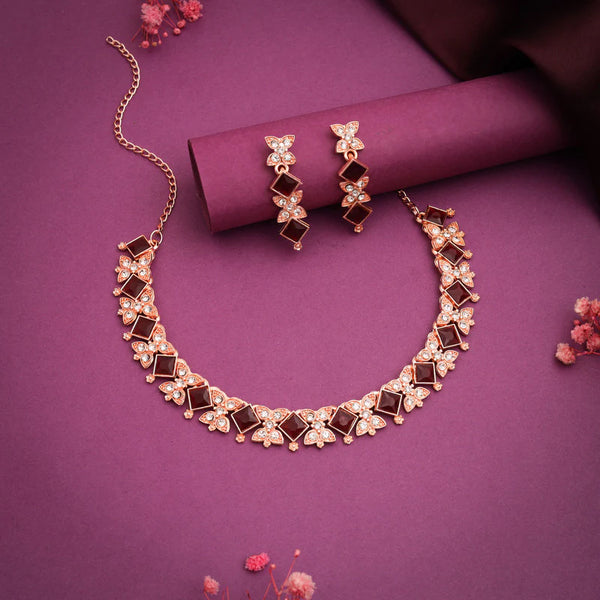 Tehzeeb Creation rose gold pleated maroon choker nacklace with dangle earrings THZ271
