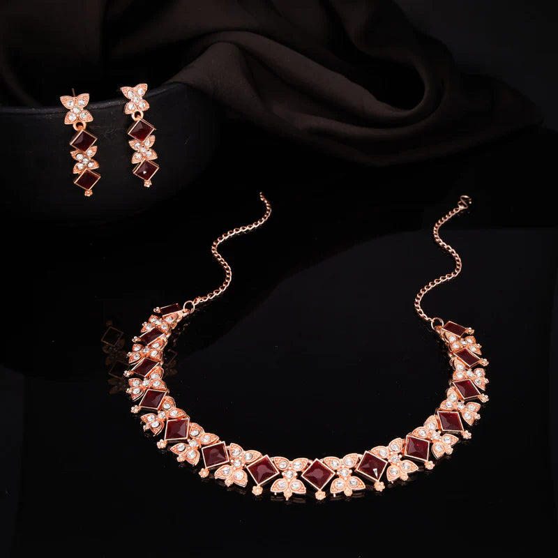 Tehzeeb Creation rose gold pleated maroon choker nacklace with dangle earrings THZ271