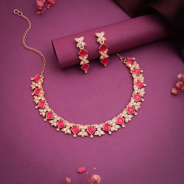 Tehzeeb Creation rose gold pleated pink choker nacklace with dangle earrings THZ272