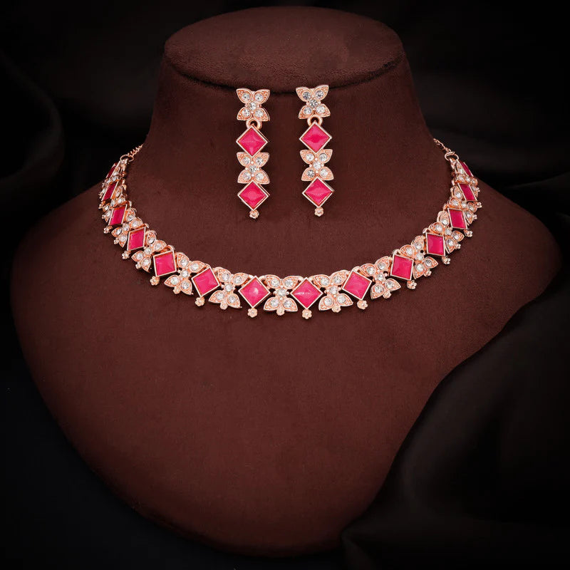 Tehzeeb Creation rose gold pleated pink choker nacklace with dangle earrings THZ272