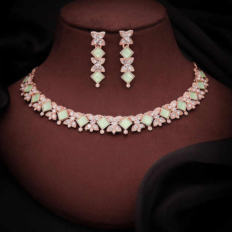 Tehzeeb Creation rose gold pleated sea green choker nacklace with dangle earrings THZ273