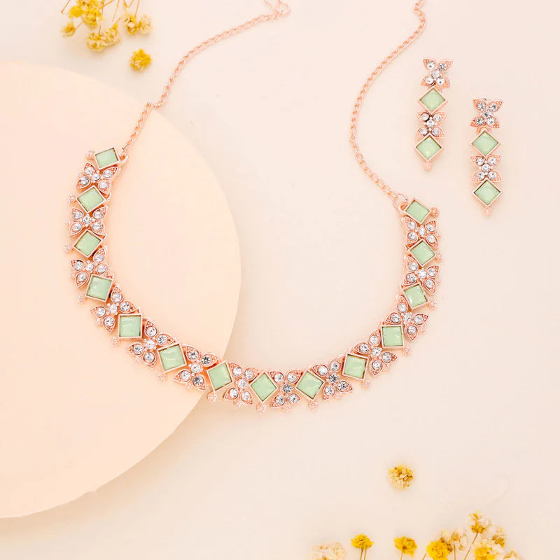 Tehzeeb Creation rose gold pleated sea green choker nacklace with dangle earrings THZ273