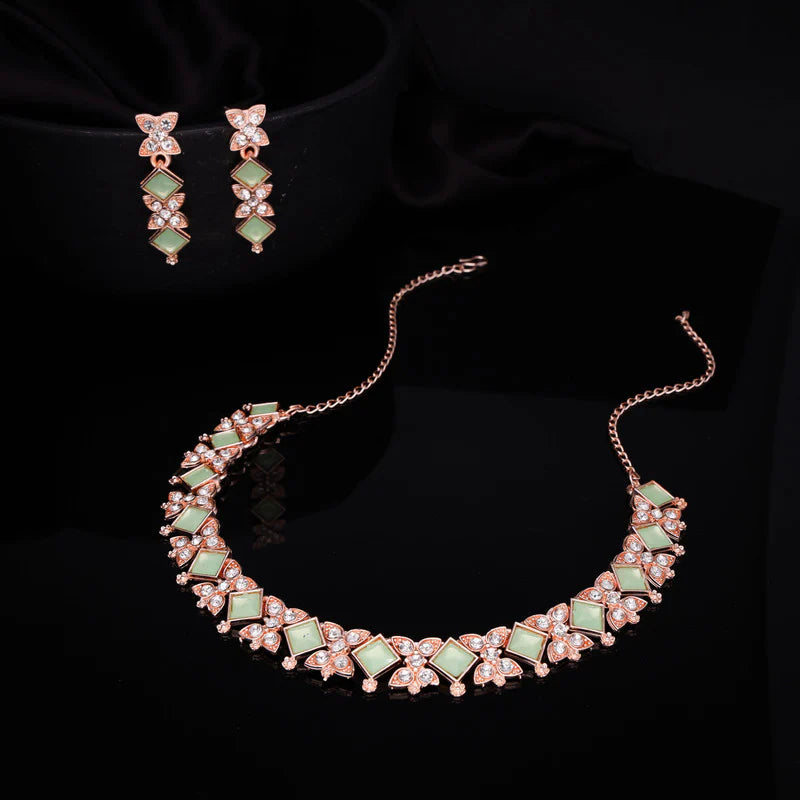 Tehzeeb Creation rose gold pleated sea green choker nacklace with dangle earrings THZ273
