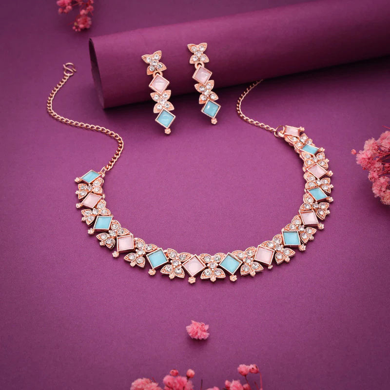 Tehzeeb Creation rose gold pleated sky & baby pink choker nacklace with dangle earrings THZ275