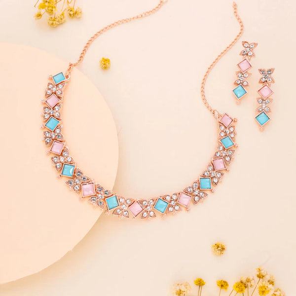 Tehzeeb Creation rose gold pleated sky & baby pink choker nacklace with dangle earrings THZ275