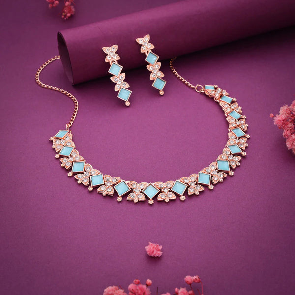 Tehzeeb Creation rose gold pleated sky blue choker nacklace with dangle earrings THZ276