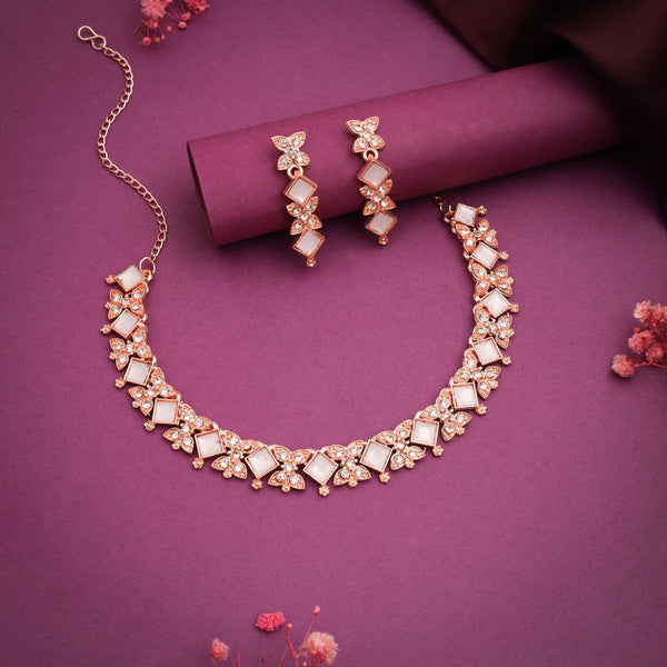 Tehzeeb Creation rose gold pleated white choker nacklace with dangle earrings THZ354