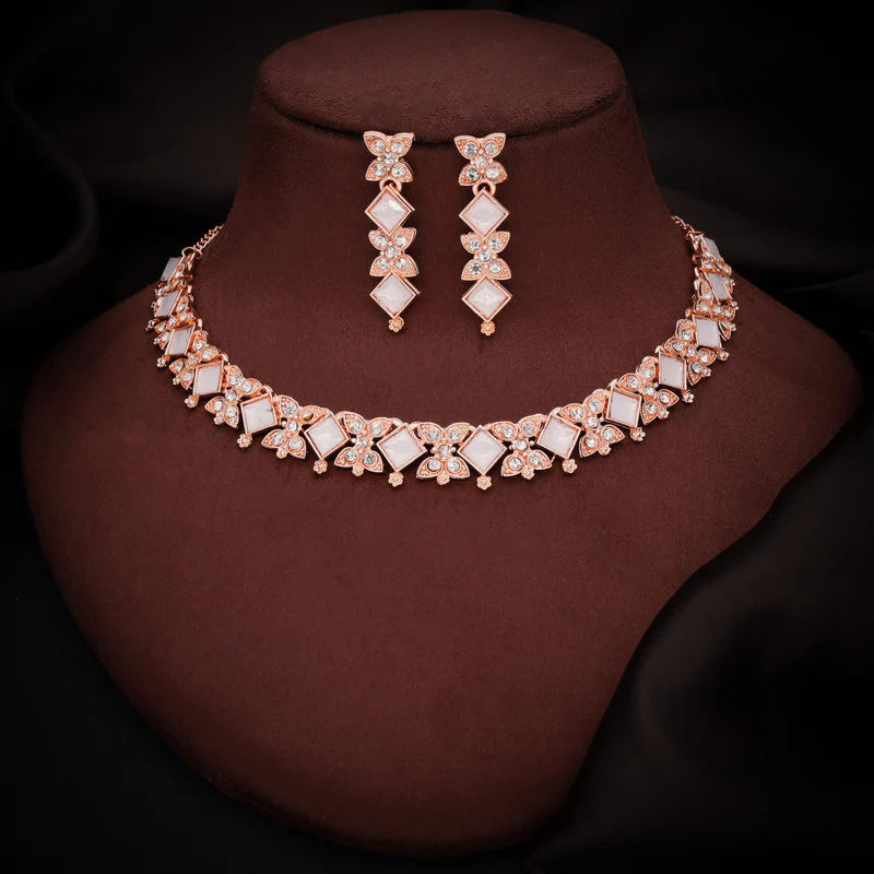 Tehzeeb Creation rose gold pleated white choker nacklace with dangle earrings THZ354