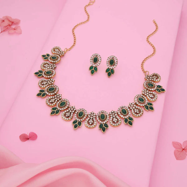 Tehzeeb Creation  gold pleated green colour choker with dangle earrings THZ279
