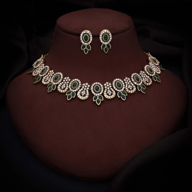 Tehzeeb Creation  gold pleated green colour choker with dangle earrings THZ279