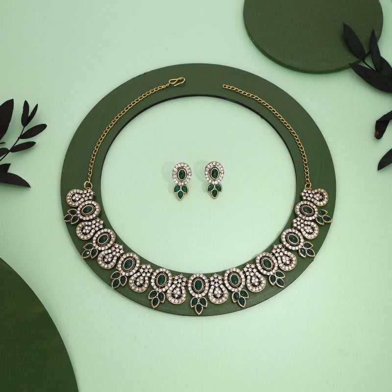 Tehzeeb Creation  gold pleated green colour choker with dangle earrings THZ279