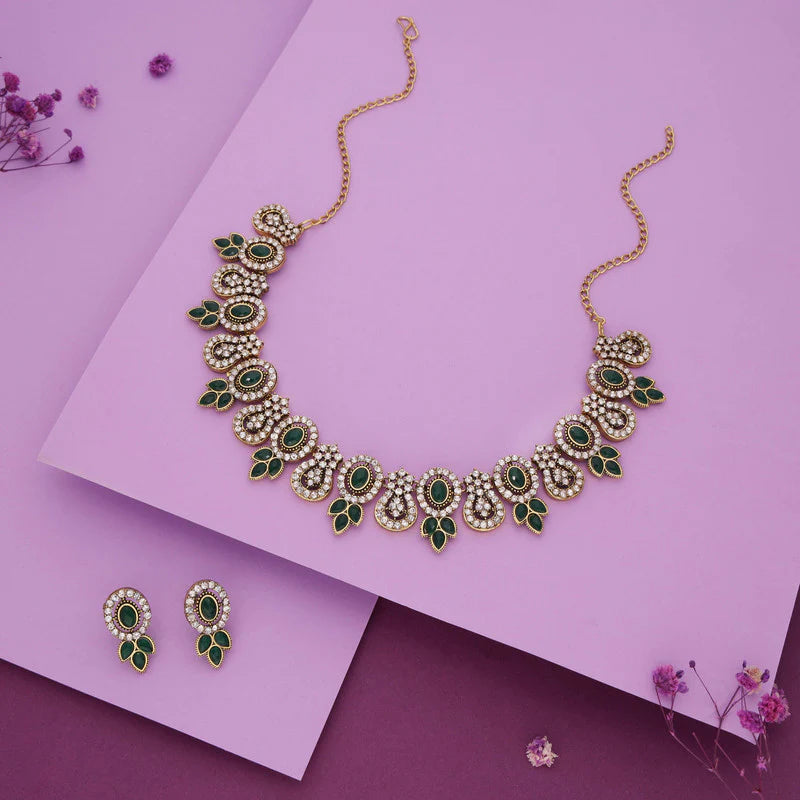 Tehzeeb Creation gold pleated green colour choker with dangle earrings THZ285