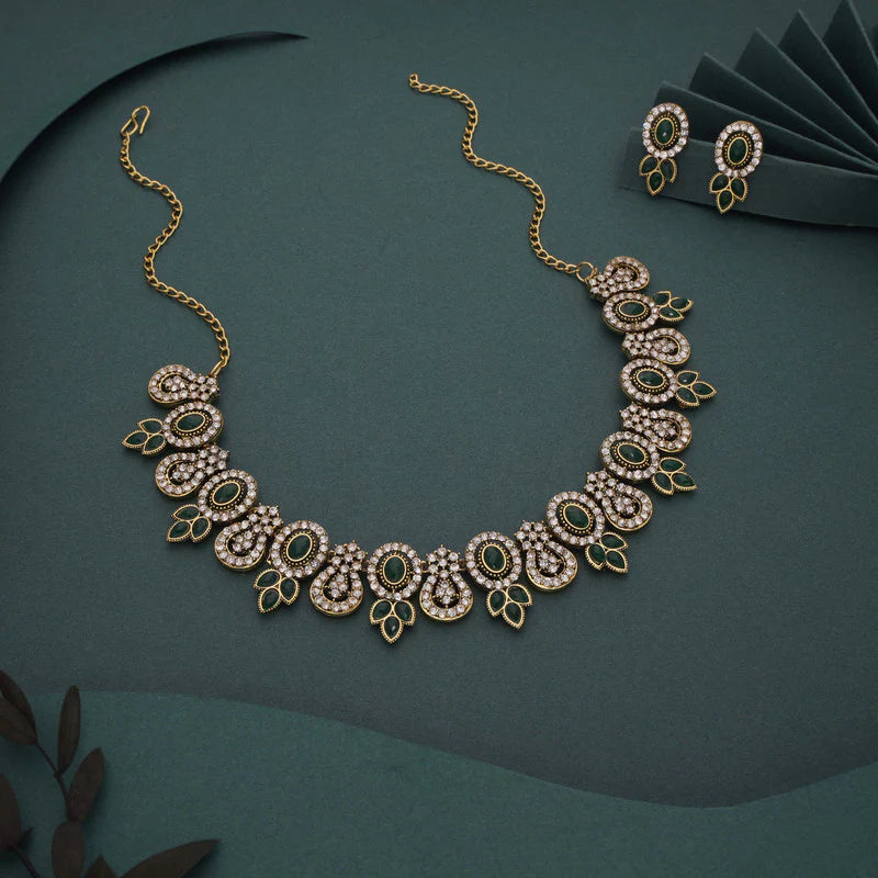 Tehzeeb Creation  gold pleated green colour choker with dangle earrings THZ279