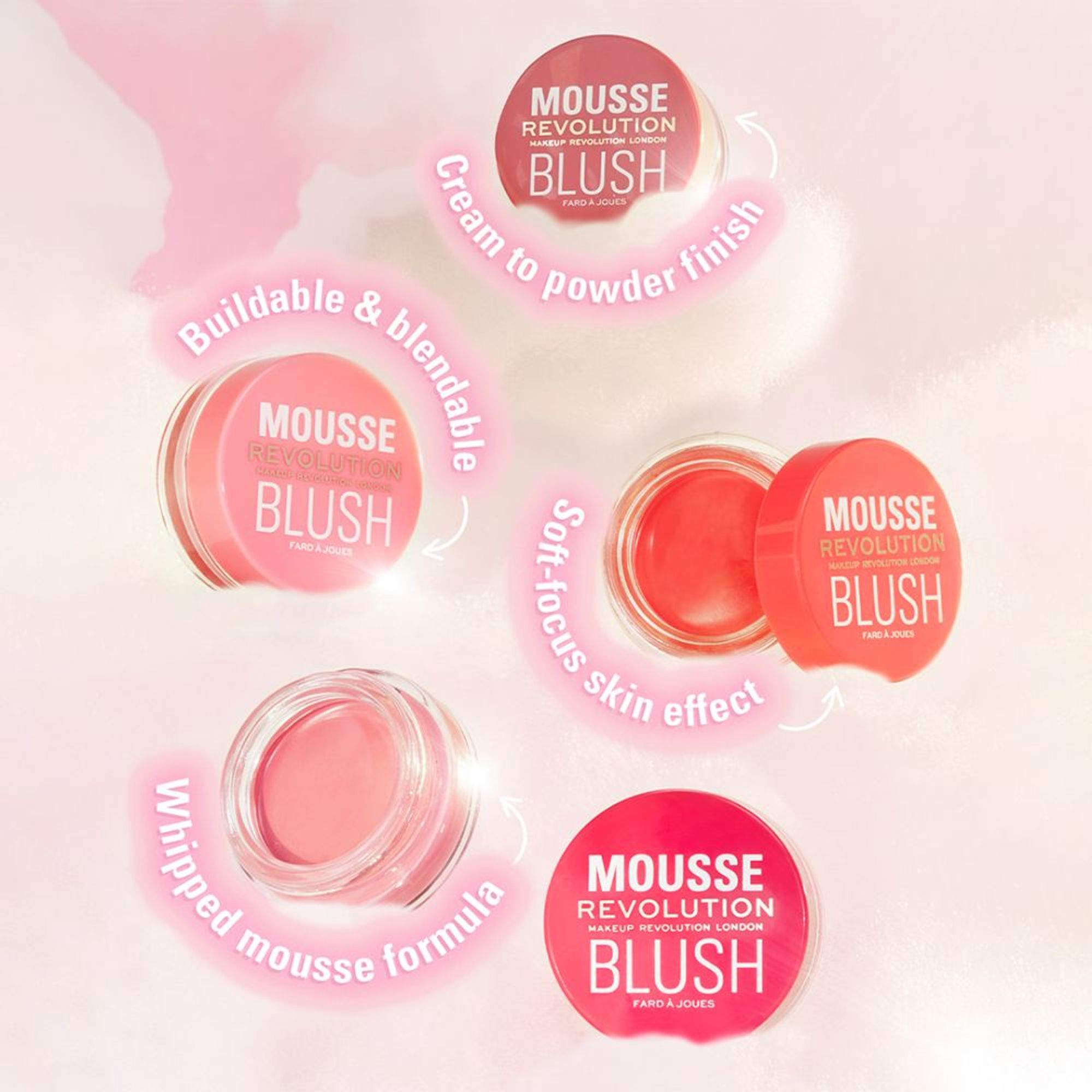 Makeup Revolution Mousse Blush - For Cheeks & Eyes Non Sticky-Soft Focus Effect - Juicy fuchsia Pink