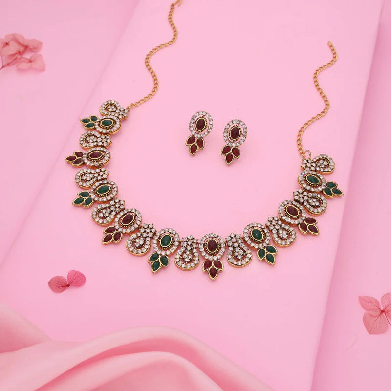 Tehzeeb Creation  gold pleated green and maroon colour choker with dangle earrings THZ280